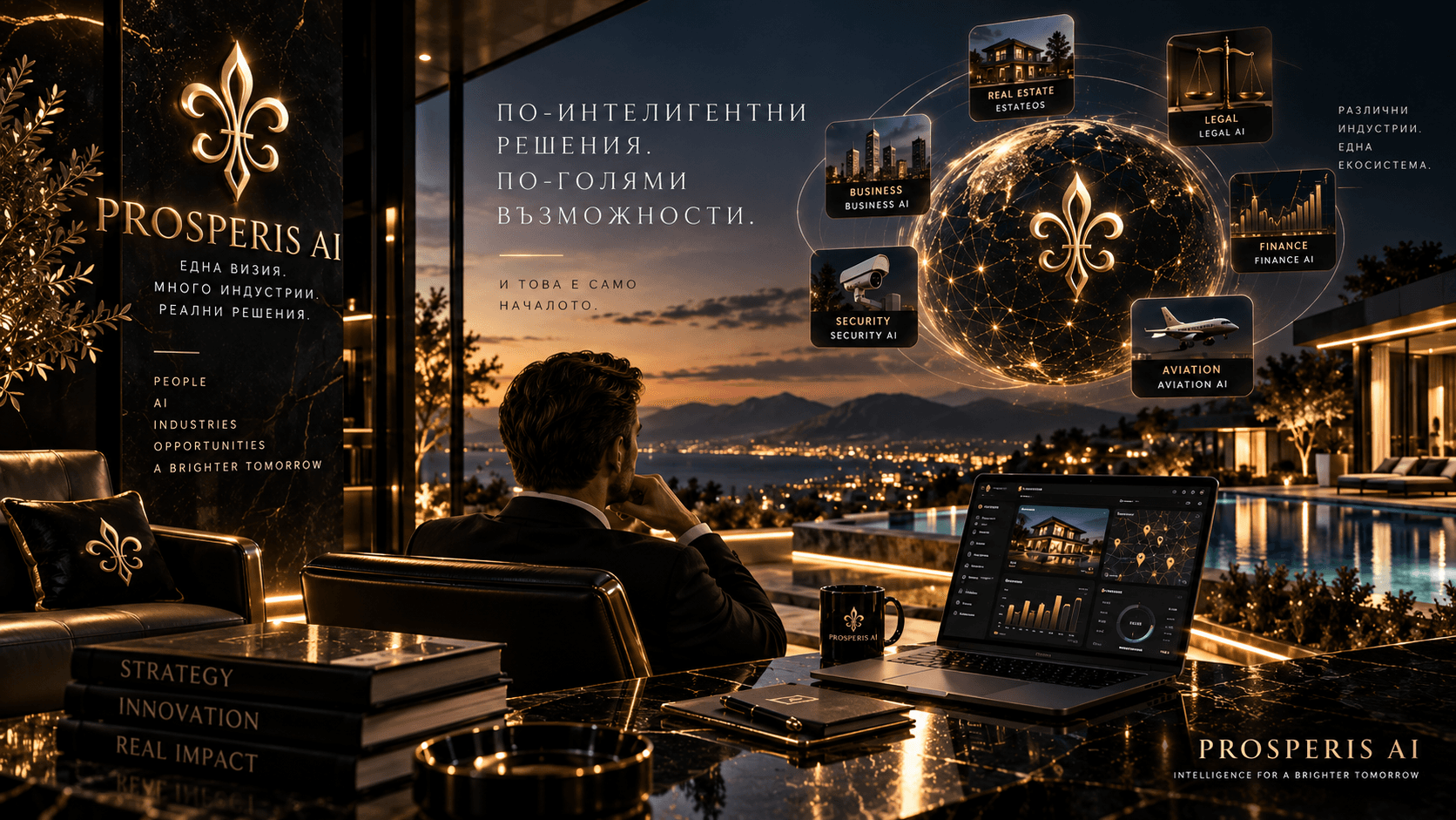 PROSPERIS AI — офис с изглед към осветена луксозна резиденция и басейн вечер